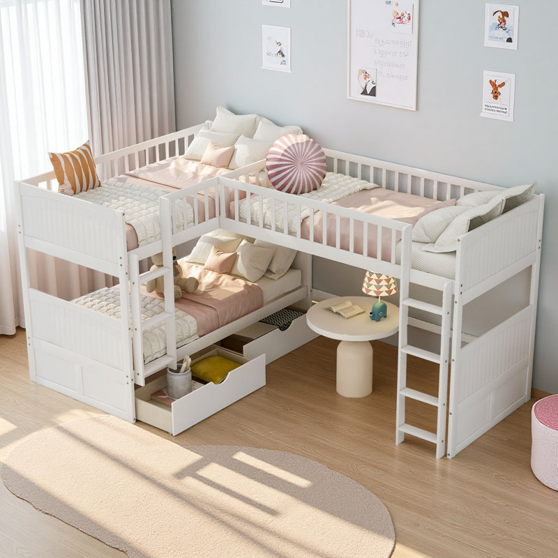 Twin Triple Bunk Bed With Loft & 2 Drawers – Space-saving 3-person Sleeper, Play/study Area Under Loft, White
