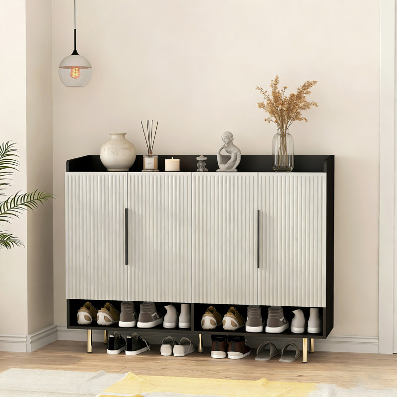 Buffet, armoire à chaussures avec 4 portes, grande armoire de rangement pour chaussures moderne avec tablettes réglables pour le vestibule, armoire à chaussures noire pour le salon, la chambre à coucher