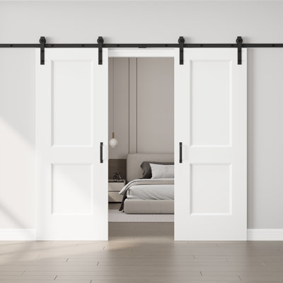 No Assembly Required Panel, Double Sliding Barn Door Hollow White Primed Surface Paintable Closet Pantry Doors with Installation Hardware
