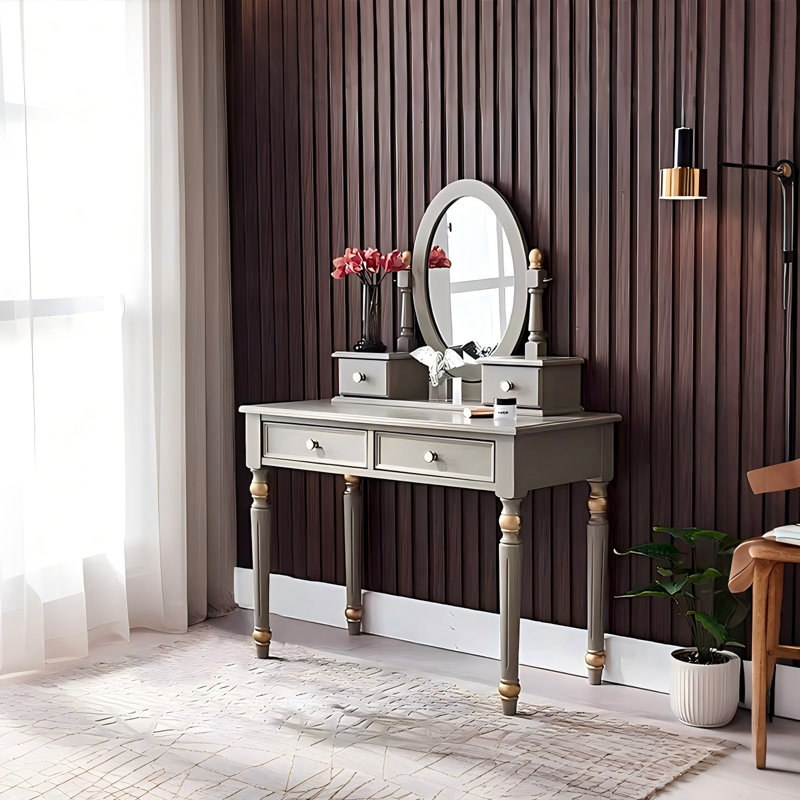 Meuble-lavabo 39,37 po en bois de frêne gris massif avec miroir et tabouret de coiffeuse