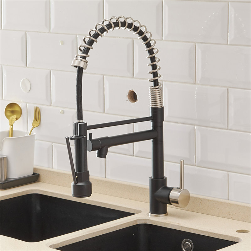 Robinet de cuisine avec douchette rétractable, robinet d'évier de cuisine à poignée simple, Noir / argenté
