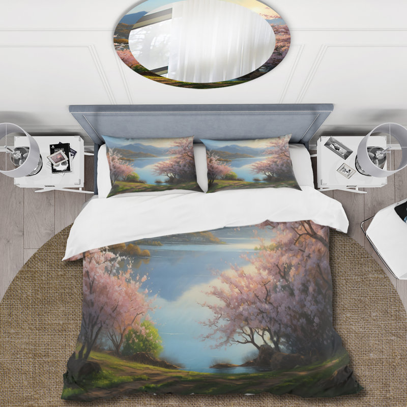 Ensemble de housse de couette Cherry Blossom Trees By The Water I Bedding, Housse de couette pour très grand lit et 2 très