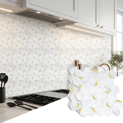 11.8" W × 11.8" D White Marble Gold Inlay Hexagon Peel and Stick Backsplash Tile Self-Adhesive Vinyl Wall Tiles for Kitchen, Bathroom Backsplash, RV, Home Decor