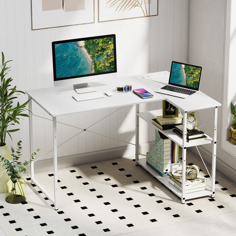 L-Shaped Desk With Power Outlet Home Office Computer Desk With Reversible Shelves-White, White