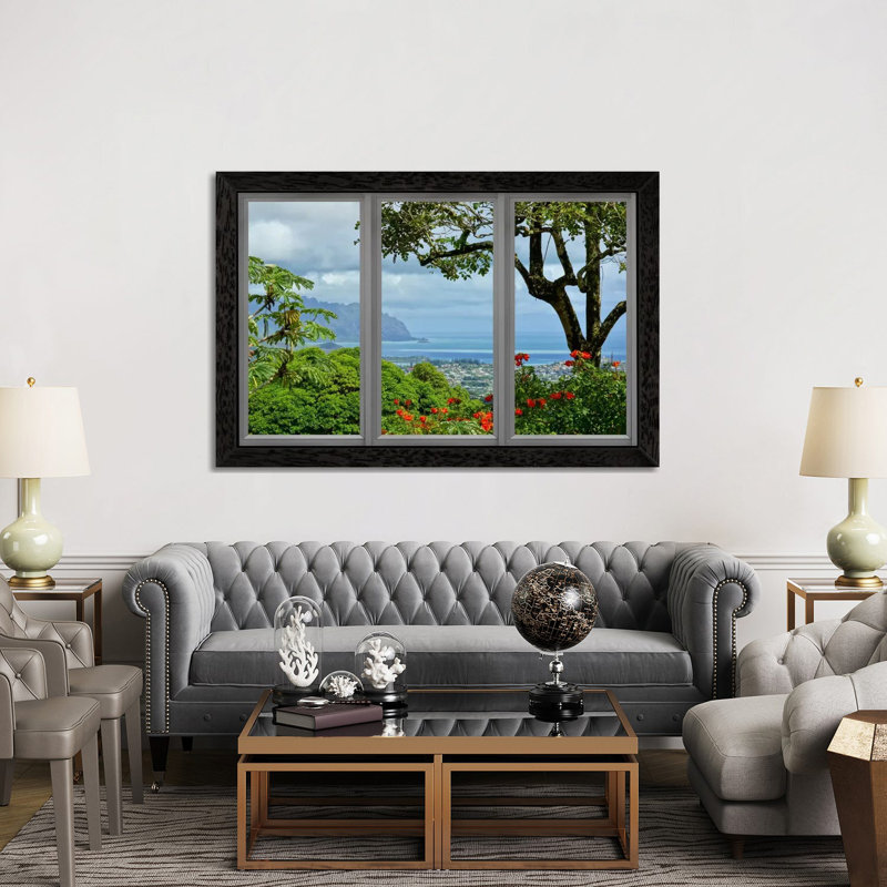 Hawaii Window View - Print on Canvas, 66.04 cm H x 45.72 cm W, Black Framed