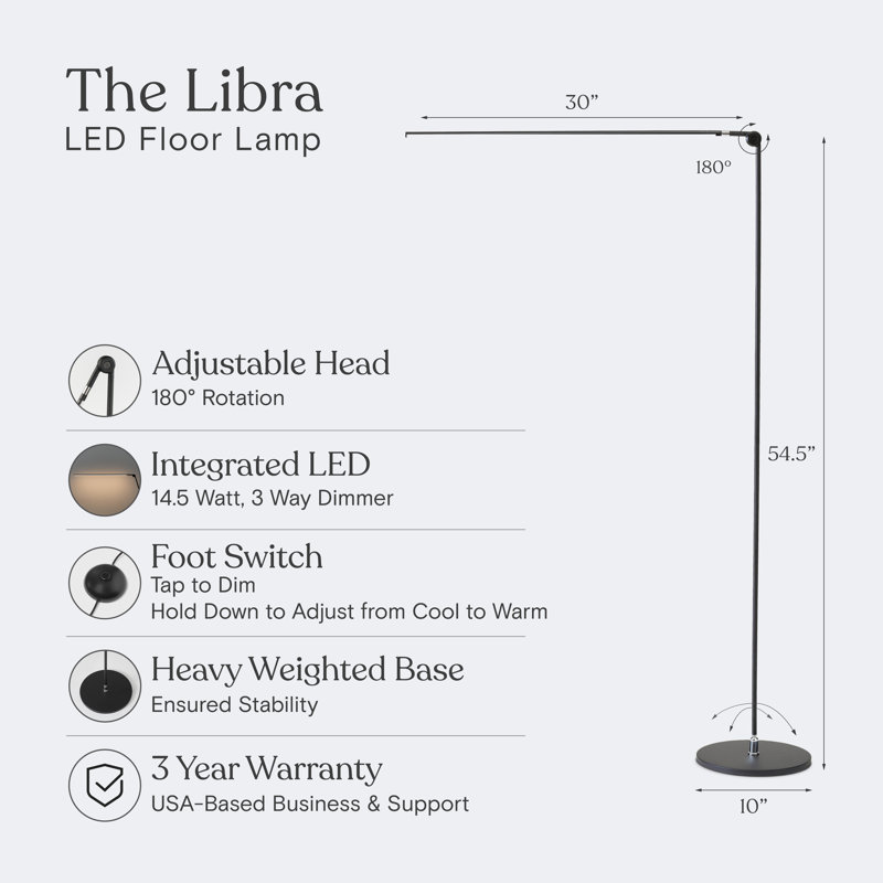 Libra 54.5" Modern Industrial LED Floor Lamp with Rotating Base and 3-Way Dimming, Black