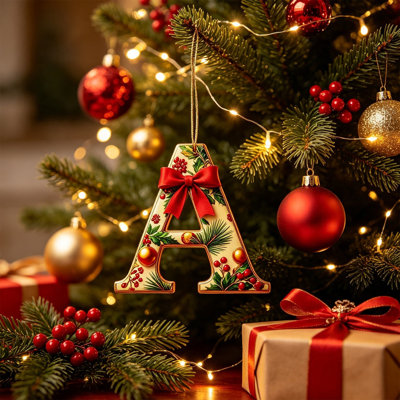 Décorations de Noël avec initiales, ornements personnalisés avec nom de famille et nœud, lettres de l'alphabet (A à Z) pour sapin de Noël