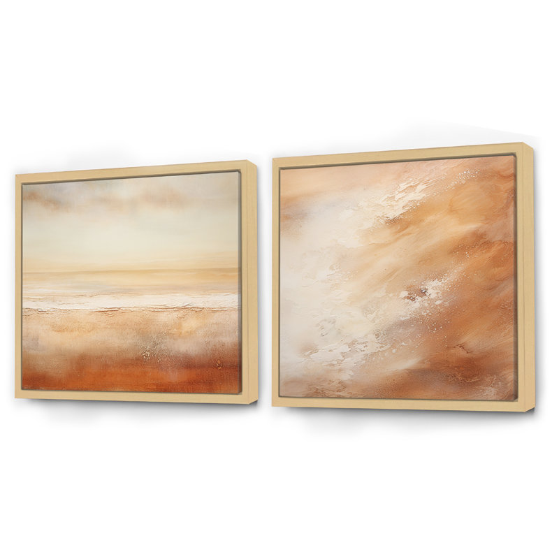 Beige Sandy Clouds Horizon IV - ensemble de 2 nuages carrés, Cadre flottant brun, H 30 po x l 61 po