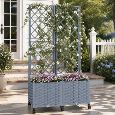 Self Watering Raised Garden Bed Planter With Trellis And Lockable Wheels For Outdoor Climbing Plants