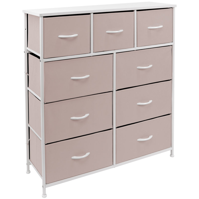 Sorbus 9 Drawers Dresser with Steel Frame and Wood Top, Pink/White