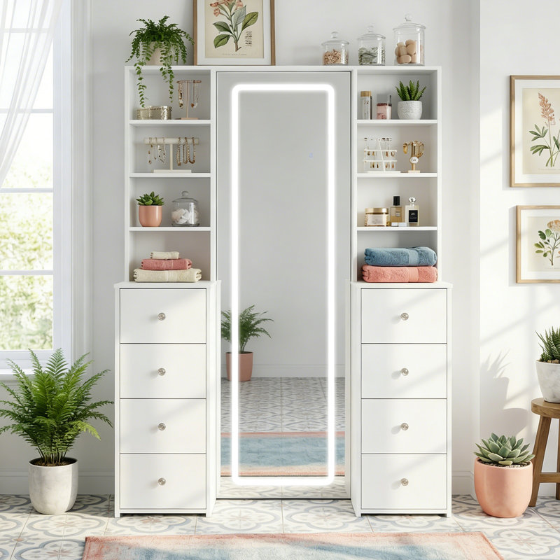 47.2" Makeup Vanity Desk with Lighted Mirror, LED Adjustable Lighting, Drawers and Storage Shelves