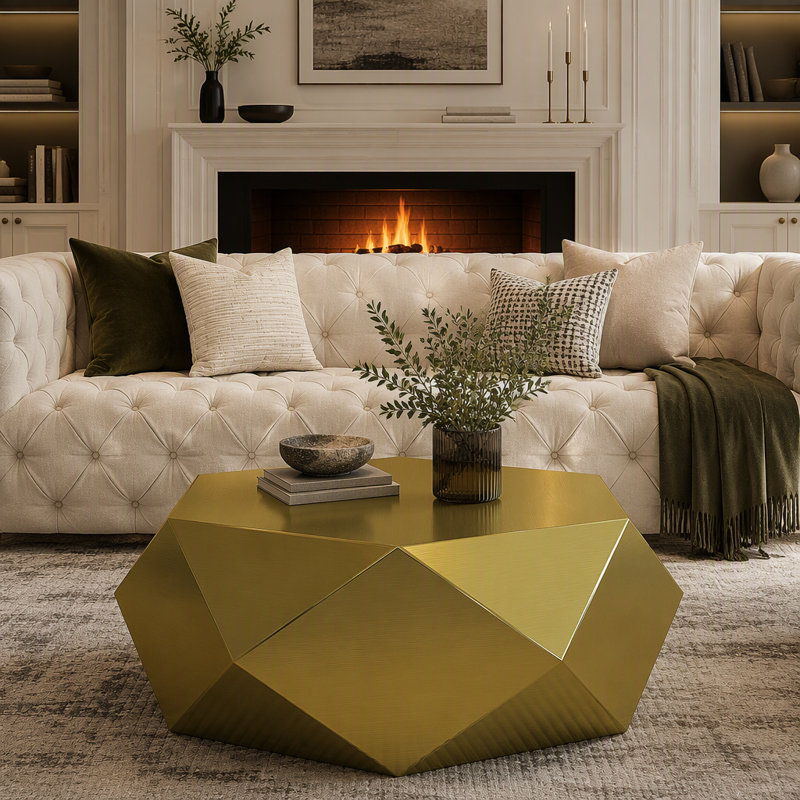 Table basse moderne en acier inoxydable avec motif losange hexagonal, livrée sans assemblage, Doré