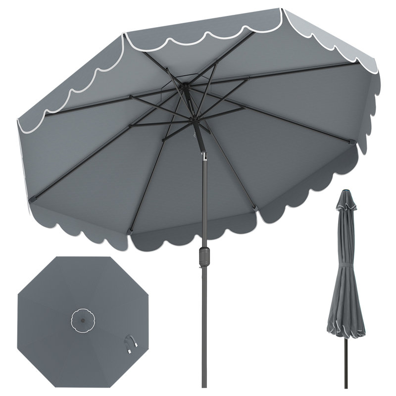 Parasol de patio 10 pi avec réglage de l'inclinaison de la manivelle et volants avec dessus ventilé et 8 nervures, Gris