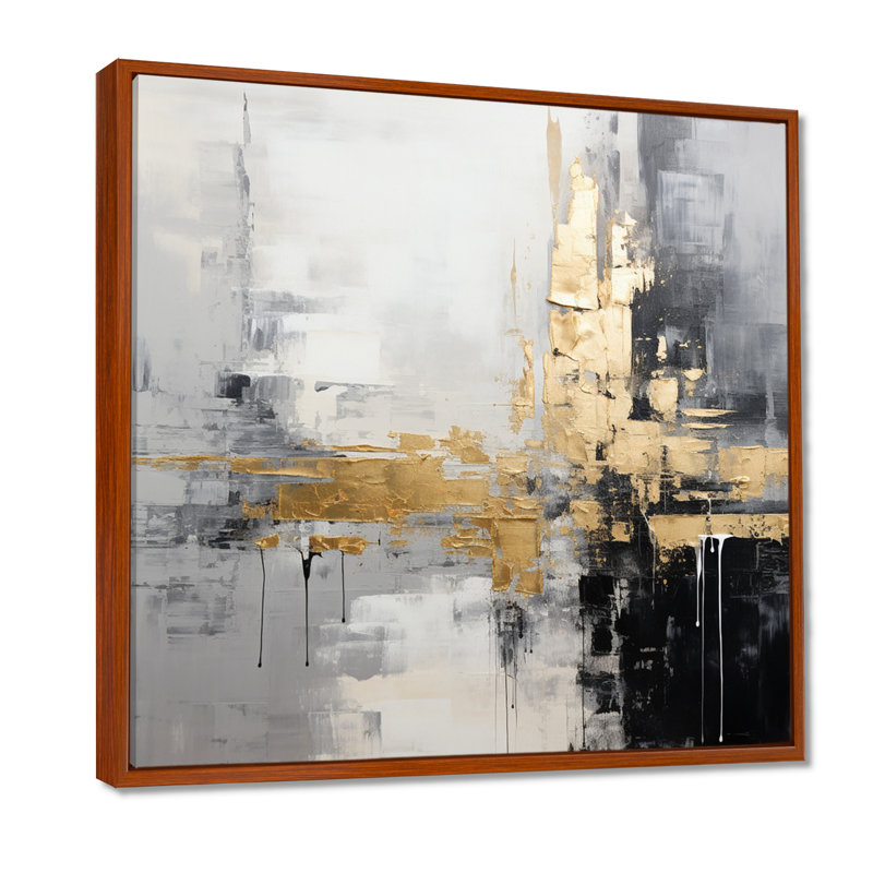 Or, ville dorée, blanc, gris, noir, peinture abstraite, art mural sur toile, H 30 po x l 30 po, Cadre flottant brun