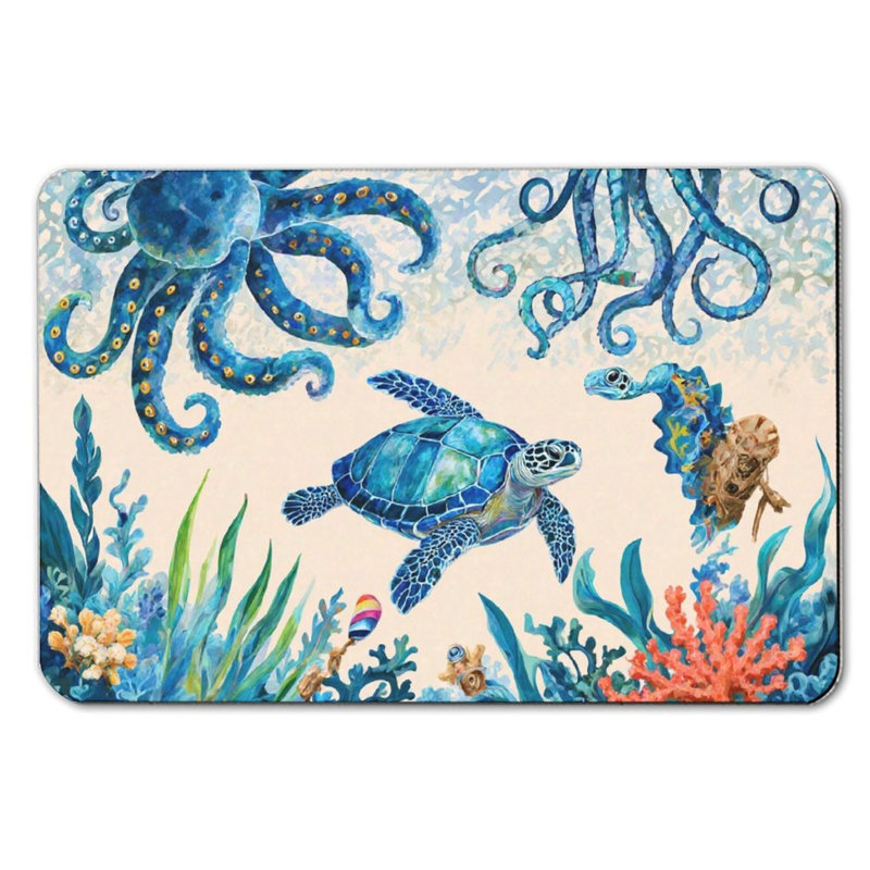Marine Creatures Octopus And Turtle Bath Mat For Bathroom, 16 X 24