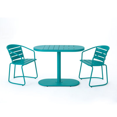Iron Mid Century Modern 3 Piece Teal Bistro Set With Oval Pedestal Table And Slatted Curved Chairs