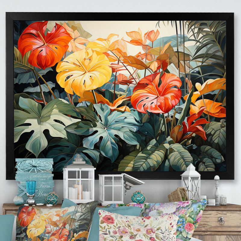 Orange tropical et feuillage vert I, H 24 po x l 32 po x P 1 po, Cadre photo noir