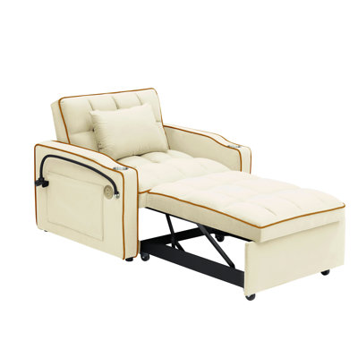 1 versatile foldable sofa bed in 3 lengths, modern sofa sofa sofa velvet pull-out bed, adjustable back and with USB port and ashtray and swivel phone stand creamy white