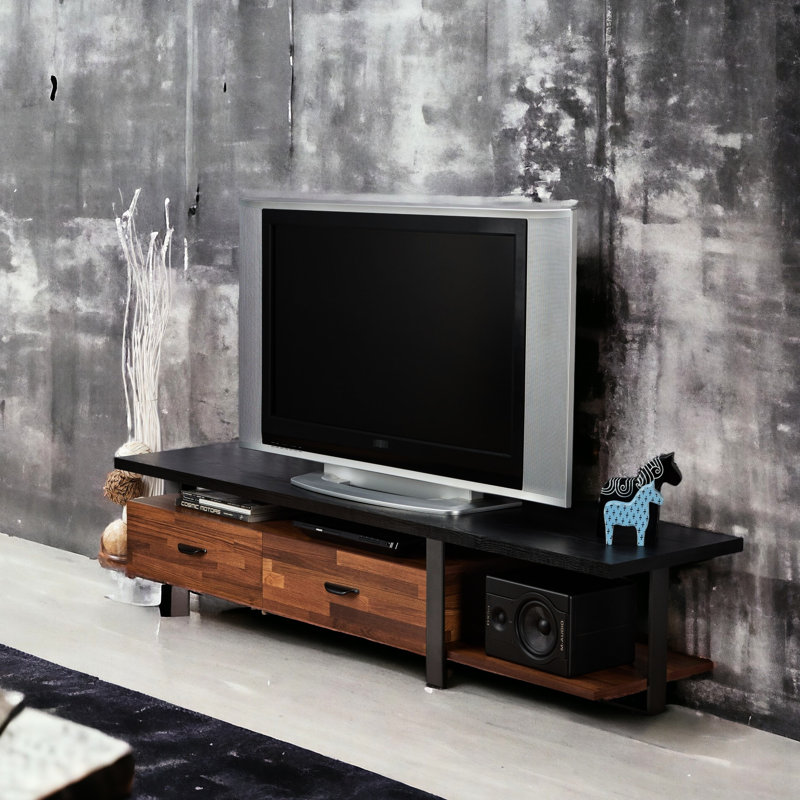 Elegant Tv Stand In Walnut And Black For 55" Flat Screen Televisions With Shelf Space Option & Open Compartments Entertainment
