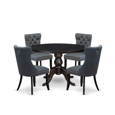 5-piece Dining Table Set with Polyester Fabric 4 Platinum Gray dining chairs, Button-Tufted Backs, and a 48"Round Table in Sand Blasted Black Finish.