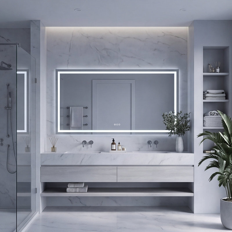 Miroir de salle de bain pour salle de bain, à DEL, anti-buée, rétroéclairé, fixé au mur, cadre blanc, 48 po x 32 po