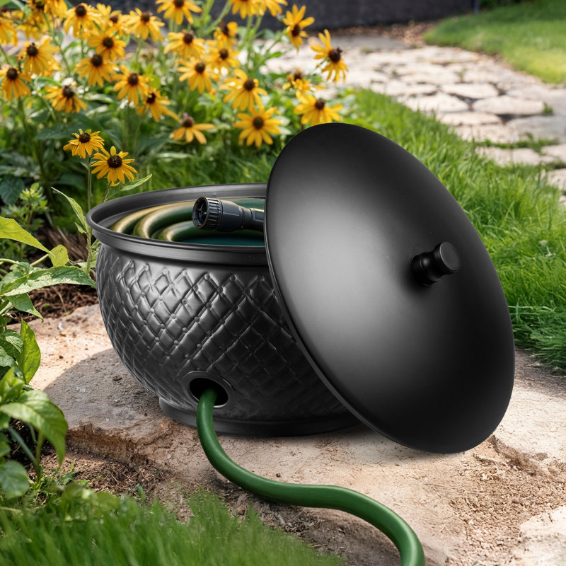 Porte-tuyau de jardin en métal gaufré à la main avec couvercle, noir, Noir