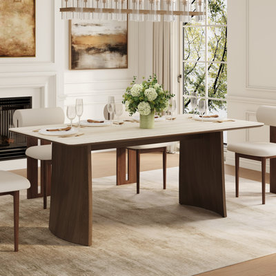 70.8" Modern White Stone Dining Table, Double-Layer Top with Dual Bases, Seats 6–8