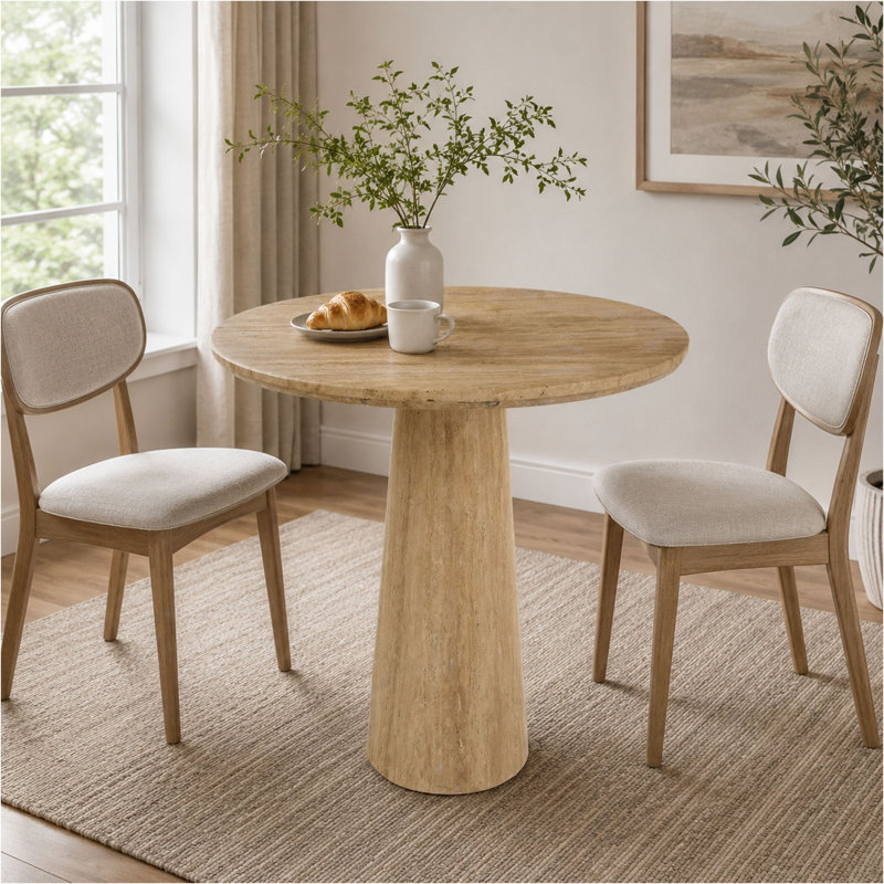 Table de petit déjeuner Cid Elma, marbre de travertin beige, ronde 28 pouces