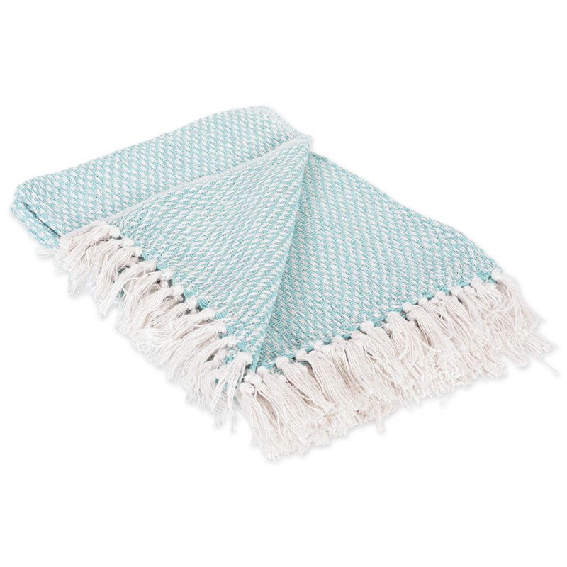Aqua Blue Cotton Woven Throw Blanket with Fringe