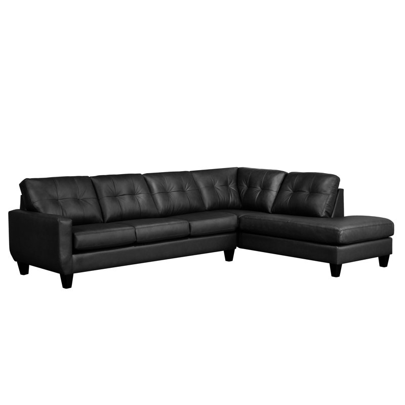 Aarah Upholstered L-Shaped Sectional, Right Hand Facing, Black Genuine Leather
