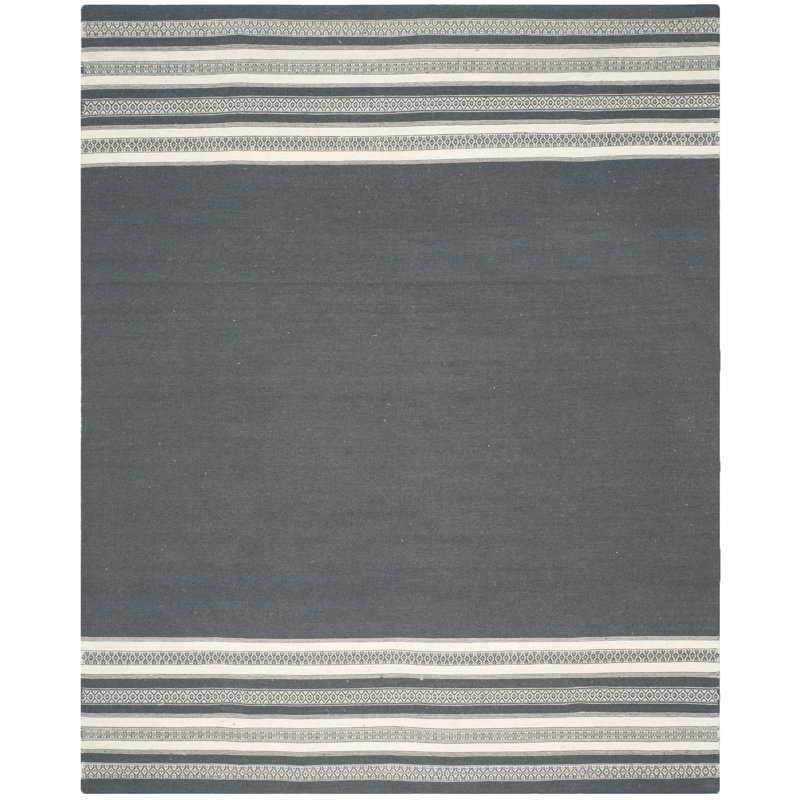 Rodgers Hand Woven Flat Weave Wool/Cotton Striped Rug in Dark Gray, Rectangle 8' x 10'