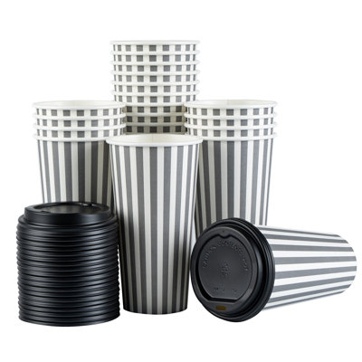 Restaurantware-20 Ounce Disposable Coffee Cups With Lids, 20 Hot Cups With Lids - Sleeves Sold Separately, Single Wall, Gray And White Stripe Paper Coffee Cups, For All Kinds Of Beverages