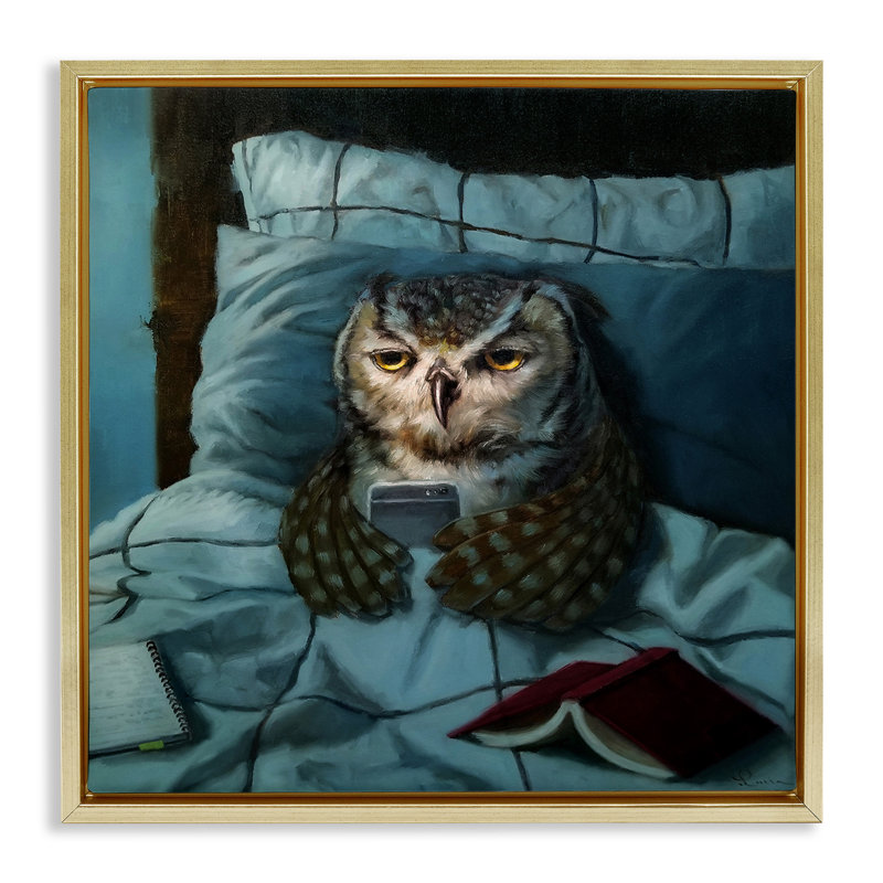 «Night Owl on Téléphone Grain Floater» par Lucia Heffernan, H 18 po x l 18 po, Cadre flottant métallique doré