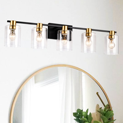 Style américain noir mat et doré à 5 lumières de salle de bain avec abat-jour en verre de luxe pour les salles à manger
