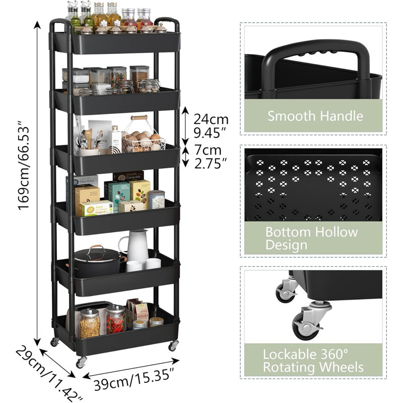 6-Tier Plastic Rolling Utility Cart with Handle, Multi-Functional Storage Trolley, Living Room, Kitchen, Movable Storage Organizer with Wheels