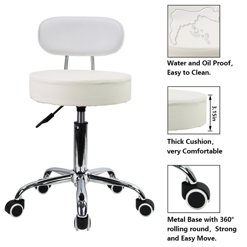 Backed Adjustable Height Ergonomic Lab Stool with Wheels, White