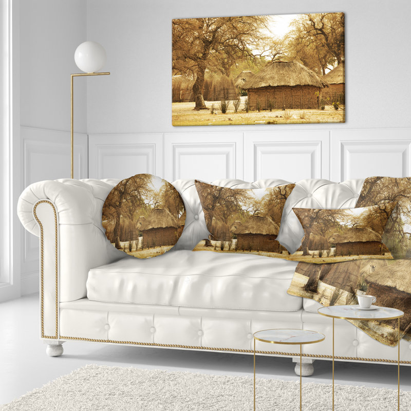 Landscape Printed Beautiful Rural African Huts Lumbar Pillow