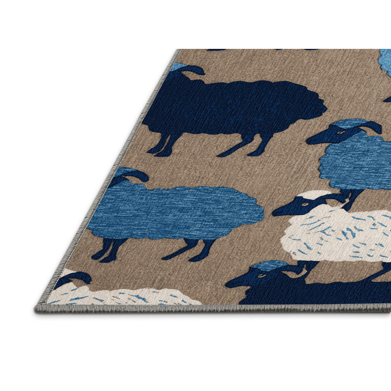 Tapis bleu à motif de moutons lavables , Rond 8 pi