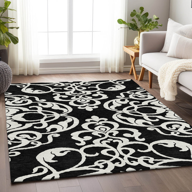 Premium Machine Washable Prisco Black Rug, Rectangle 10' x 14'