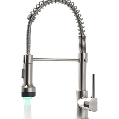 Robinet de cuisine à DEL avec douchette rétractable, nickel brossé, poignée simple, arche haute pour éviers et robinets de salle de bain rotatifs à 360 degrés et accessoires de robinets de salle de bain