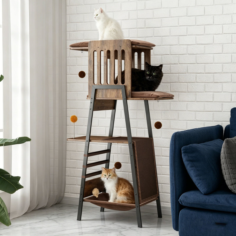 Arbre à chat moderne pour grands chats, tour de 58 pouces avec planche à gratter, grand perchoir, hamac et coussinets amovibles, brun rustique