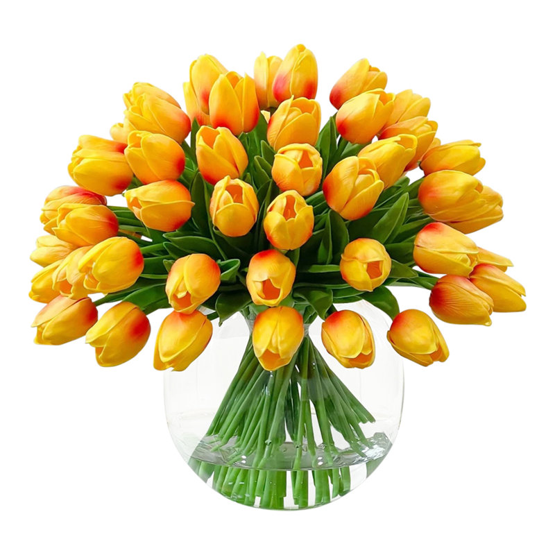 Real Touch Tulips Centerpiece In Vase, Orange Ombre Yellow