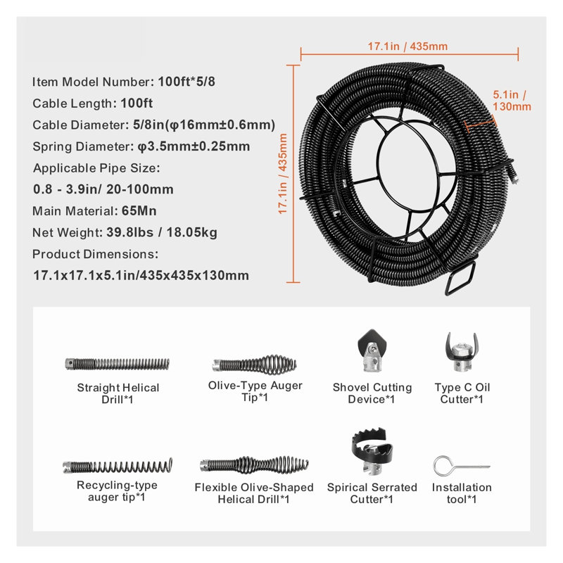 100 FT x 5/8" Professional Sectional Drain Cleaning Cable Kit with 7 Cutters - Heavy Duty Hollow Core Sewer Snake for Sinks, Toilets & Floor Drains