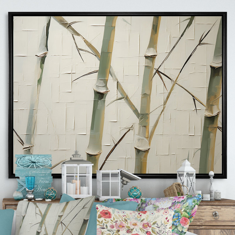 Vert et beige minimalisme bambou sérénité sur toile, H 30 po x l 40 po x P 1,5 po, Cadre flottant noir
