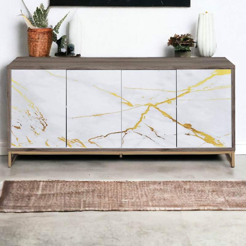 Armoire console avec peinture en marbre blanc et chêne - rangement intérieur polyvalent et fonctionnel
