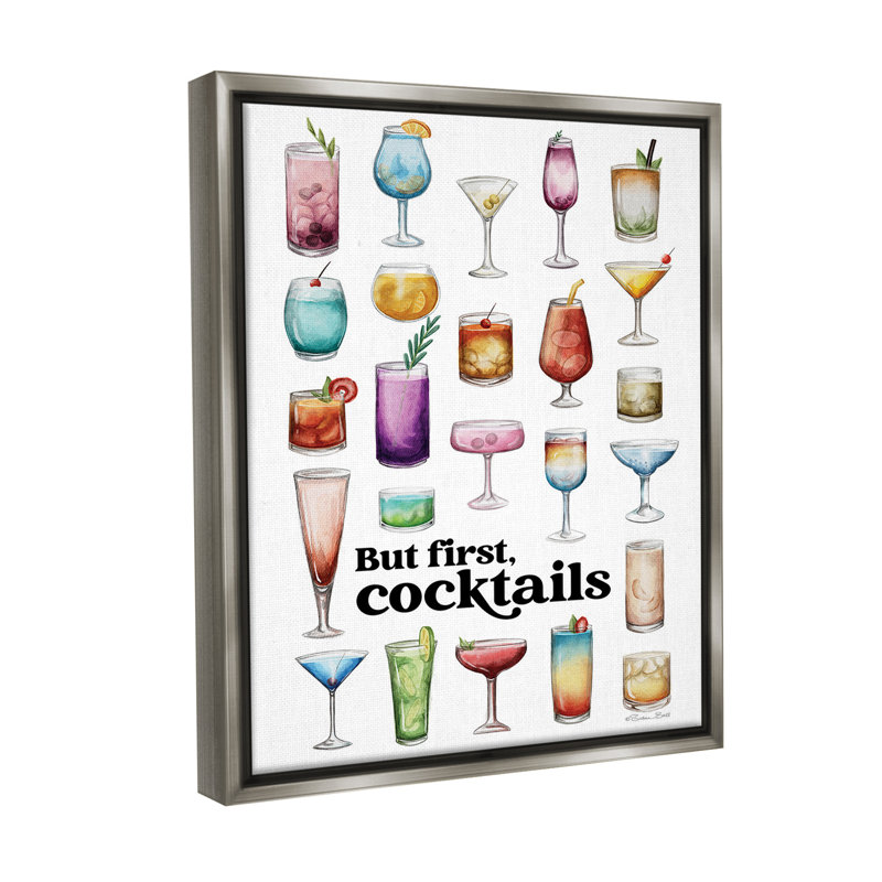 "But First Cocktail" par Susan Ball sur toile, Cadre flottant gris lustré, H 21 po x l 17 po