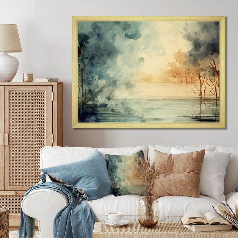 Coucher de soleil sur le lac, reproduction d'art rétro sur toile, H 34 po x l 44 po x P 1,5 po, Cadre photo doré