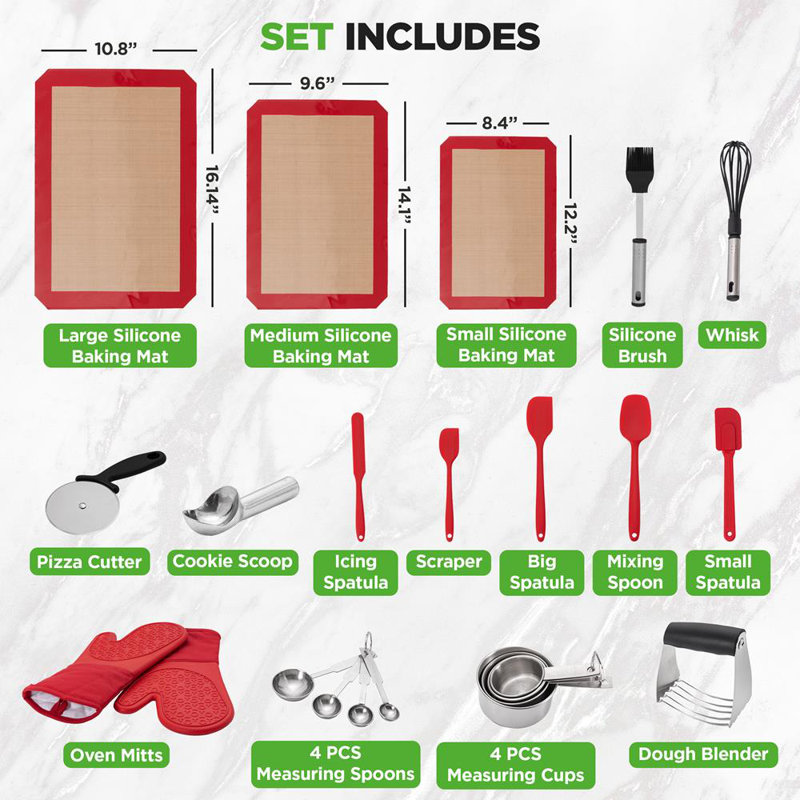 Collection d'ustensiles de cuisine 23 pièces Nuthausf avec outils de mesure, tapis en silicone, spatules, fouets et gants de cuisine - Ensemble complet d'ustensiles de cuisine et d'outils de cuisson convenant aux boulangeries amateurs