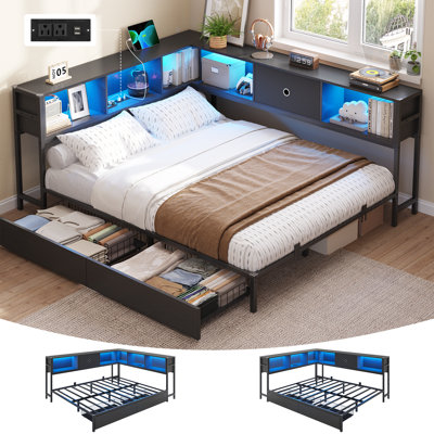 Cadre grand lit de jour avec rangement pour bibliothèque, lumières DEL et station de charge, cadres de lit plateforme modernes avec 2 tiroirs, aucun sommier nécessaire, noir