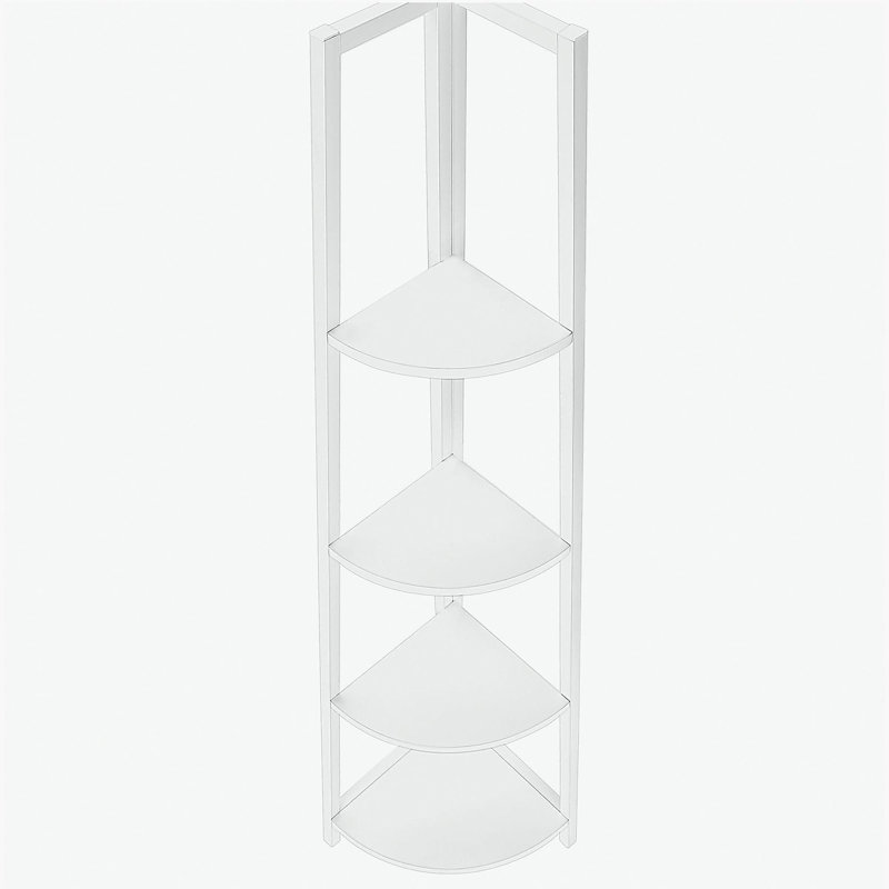 Bibliothèque d'angle à quatre niveaux avec tablette fixe et structure en métal blanc, idéale pour les bureaux ou les chambres à coucher